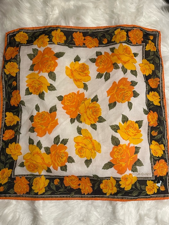 Yves Saint Laurent Accessories - Yves Saint Laurent Floral Cotton Square Scarf Orange Yellow Roses 19”